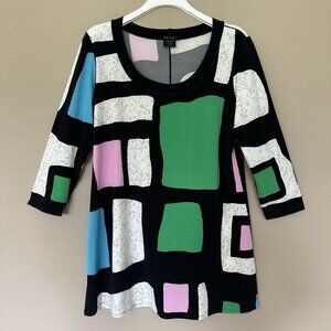 Eva Varro Stretchy Tunic Top Women XL 3/4 Sleeve Boat Neck Artsy Colorful Modest